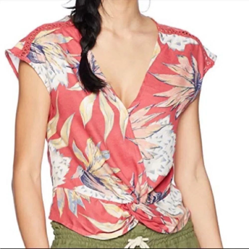 ROXY | NEW Floral Twist Front Semi Cropped Top Coral Red/Pink Women’s Size M